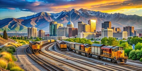 Obraz premium Trains and Union Pacific Diesel Locomotives with Salt Lake City Skyline in Background on June 11 2022