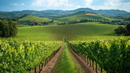 Fototapeta premium Aerial view of a vineyard with rows of grapevines and hills in the distance 