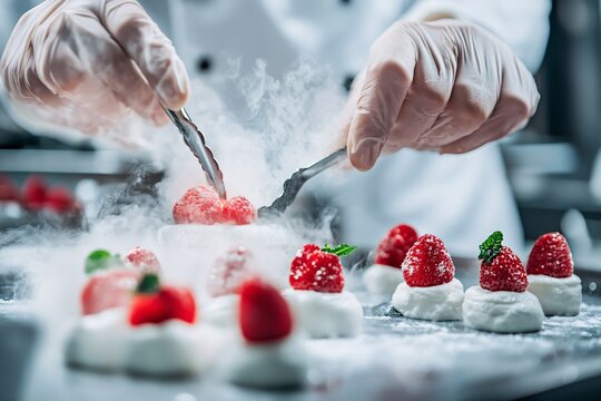Chef Preparing Strawberry Dessert with Dry Ice Smoke