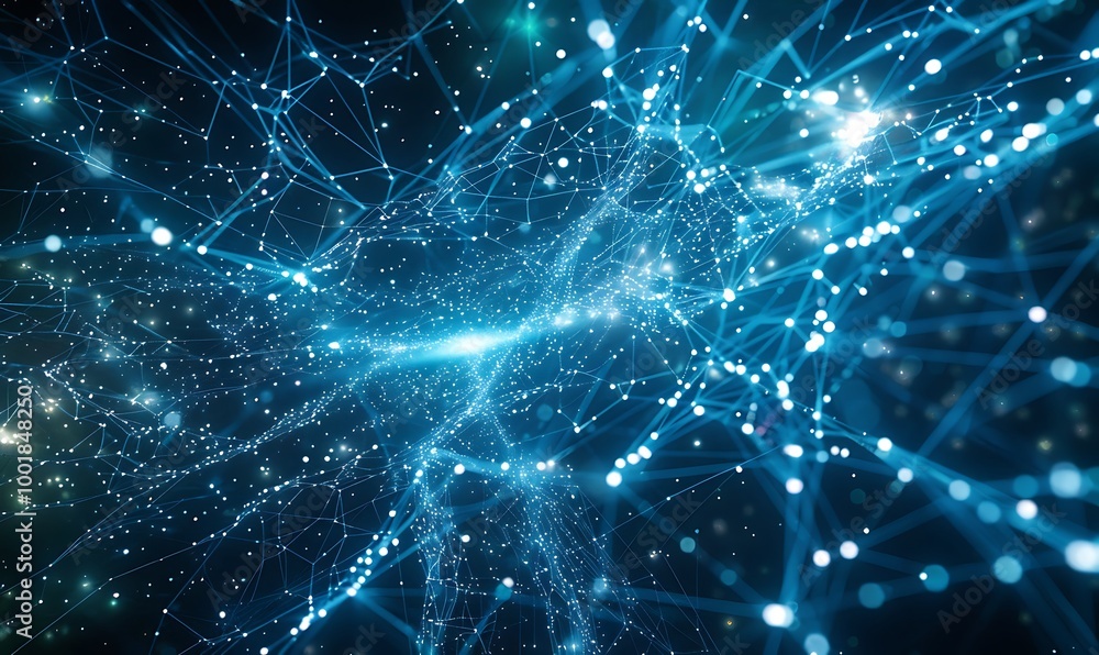 Poster futuristic network grid with interconnected pulsating blue particles
