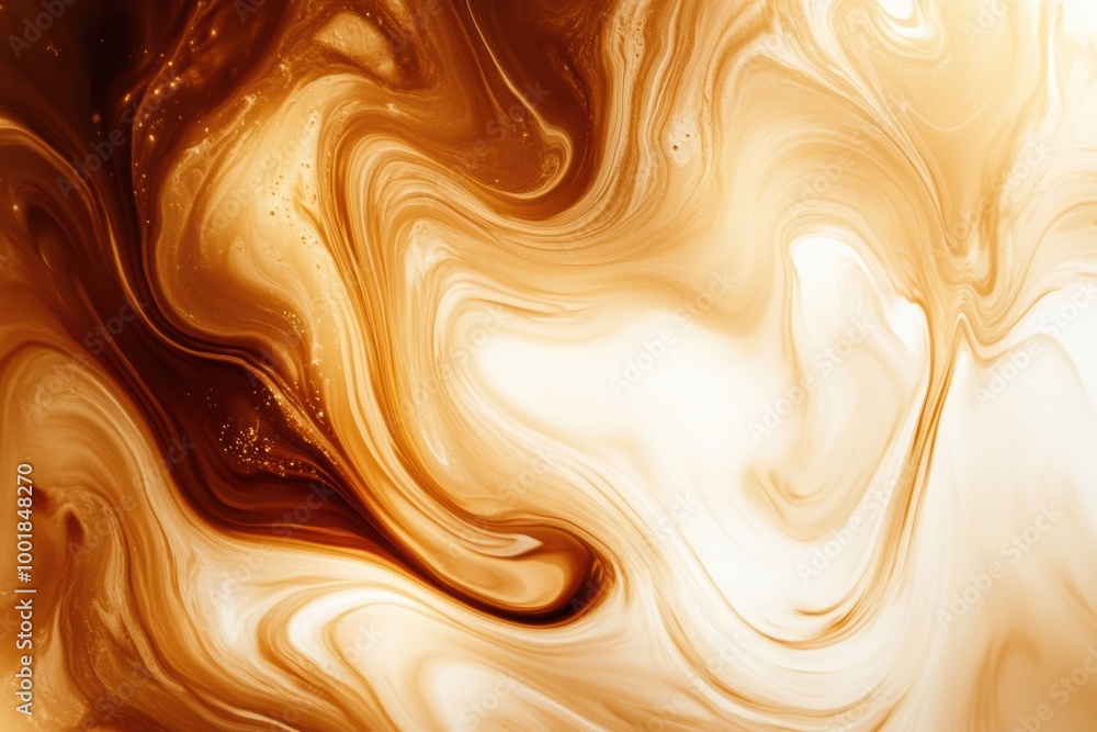 Poster Swirling coffee seamlessly mixing with creamy milk in an abstract pattern, creating a rich visual blend of brown and white tones. Generative AI