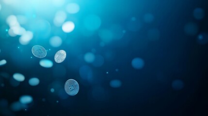 Floating tokens and coin symbols are illuminated softly against a dark blue backdrop, showcasing the essence of digital currencies and blockchain innovation