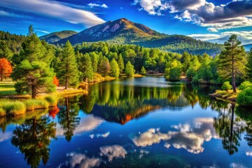 Fototapeta premium Tranquil Reflections on Lake Cuyamaca Surrounded by Lush Greenery and Majestic Mountain Views