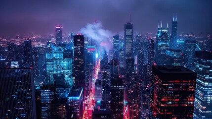 Fototapeta premium Captivating city view at night with illuminated skyscrapers, glowing streetlights, and bustling traffic creating a vibrant urban landscape.