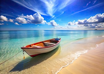 Obraz premium Tranquil Row Boat on Serene Beach with Gentle Waves and Soft Sand Under Clear Blue Sky