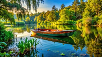 Obraz premium Tranquil Scene of a Duck Hunter's Boat Floating on a Serene Lake Surrounded by Lush Greenery