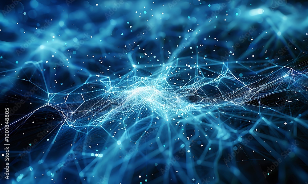 Poster futuristic network grid with interconnected pulsating blue particles
