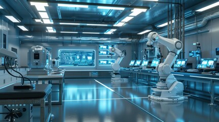 Detailed 3D render of a technology development lab, with digital screens, robotic arms, and virtual prototypes.
