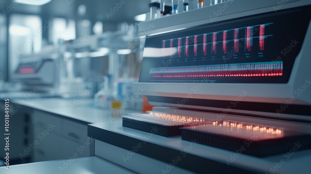 Poster a state-of-the-art dna sequencing machine features glowing screens that display dynamic data streams