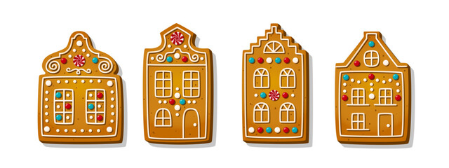 Christmas gingerbread house cookies in cartoon style isolated on white background. Sweet sugar biscuits in shape of Amsterdam buildings. Traditional cakes and crackers. Vector illustration