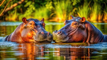 Fototapeta premium Two Hippos Embracing in a Serene River Setting, Showcasing Affection in Nature's Embrace
