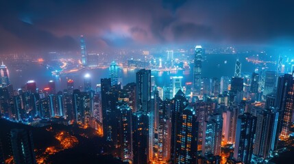 Scenic view of a city at night, with illuminated landmarks and a sea of lights creating a mesmerizing urban tapestry.