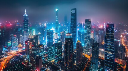 Fototapeta premium Time-lapse: Aerial view of an urban landscape at night, highlighting the illuminated skyscrapers and the lively movement of city life.