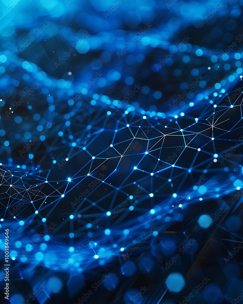 Poster High-Tech Network Background with Blue Particles Forming a Digital Lattice