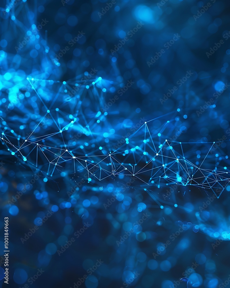 Poster high-tech network background with blue particles forming a digital lattice