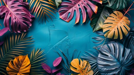 Fototapeta premium A colorful tropical leaves are arranged on a blue background
