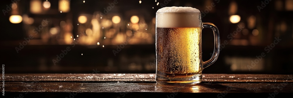 Poster A frothy beer mug overflowing with foam on a rustic wooden table in a cozy pub setting. Generative AI