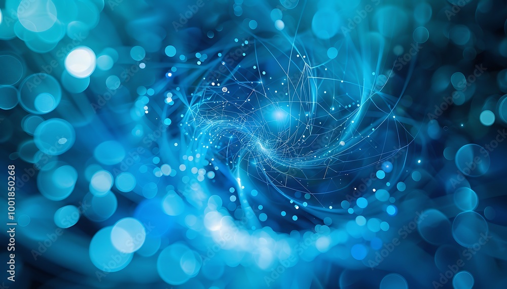 Poster futuristic digital network of luminous blue particles orbiting intricate lines