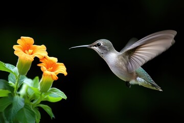 Fototapeta premium Hummingbird in Flight with Orange Flowers