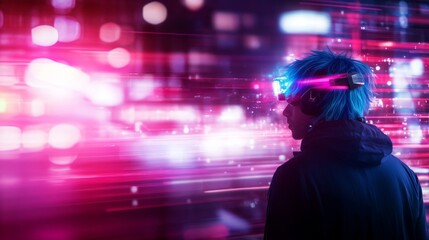A male anime cosplayer showcases an impressive costume and bright blue hair, striking a dynamic pose against a vivid, digitally altered backdrop of neon and glitching effects