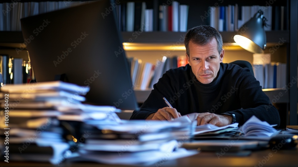 Poster a man is intently working at a spacious desk, surrounded by stacks of organized documents and illumi