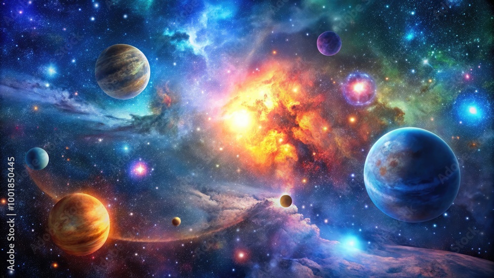 Poster vast and colorful cosmic background with stars and nebulae in deep space for creative use