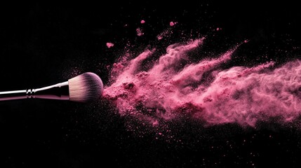 Vibrant Makeup Brushes Dispensing Pink Powder on Black Background - Artistic Beauty Concept with Copy Space