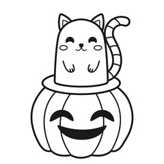 Cute cat and pumpkin. Coloring page. Halloween print. Vector illustration