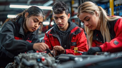 Automotive students gathered around a car, diagnosing issues with the engine, tools and manuals in hand, in a well-equipped training garage
