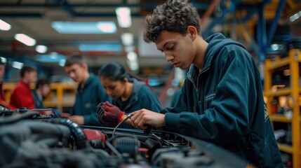 Automotive students gathered around a car, diagnosing issues with the engine, tools and manuals in hand, in a well-equipped training garage