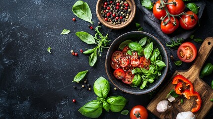 Fresh tomato and basil salad ingredients on dark surface