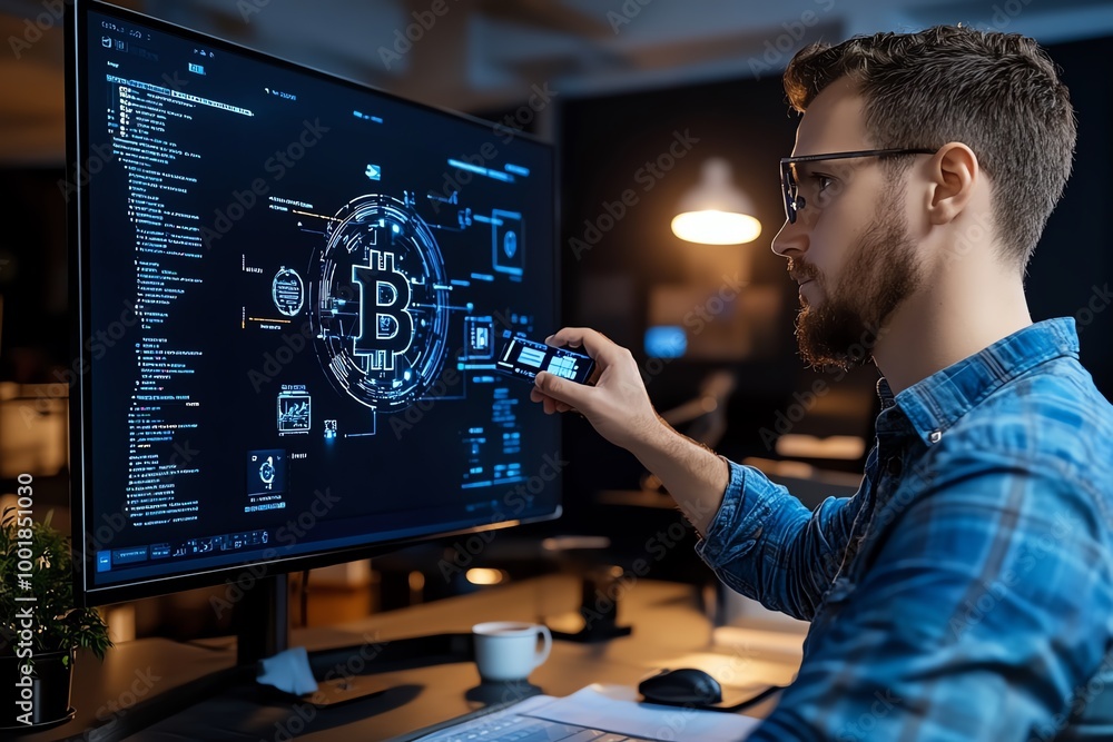 Poster Blockchain development, with a developer programming smart contracts while monitoring the blockchain network's activity on a large screen
