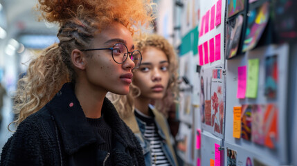 A diverse group of fashion design students collaborating on a mood board filled with creative ideas