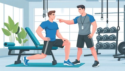 personal trainer guiding a client through a workout at the gym