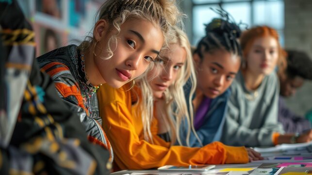 A diverse group of fashion design students collaborating on a mood board filled with creative ideas