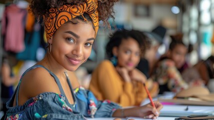 A group of fashion design students sketches and sews garments in a specialized academy studio