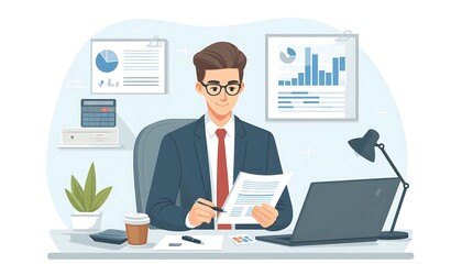 accountant reviewing financial reports at their desk