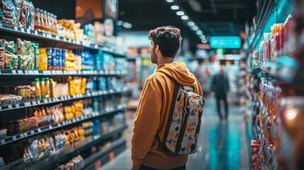 Fototapeta premium Man shopping in a supermarket aisle with various products
