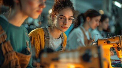 A group of young designers working together on sewing machines in a fashion academy workshop