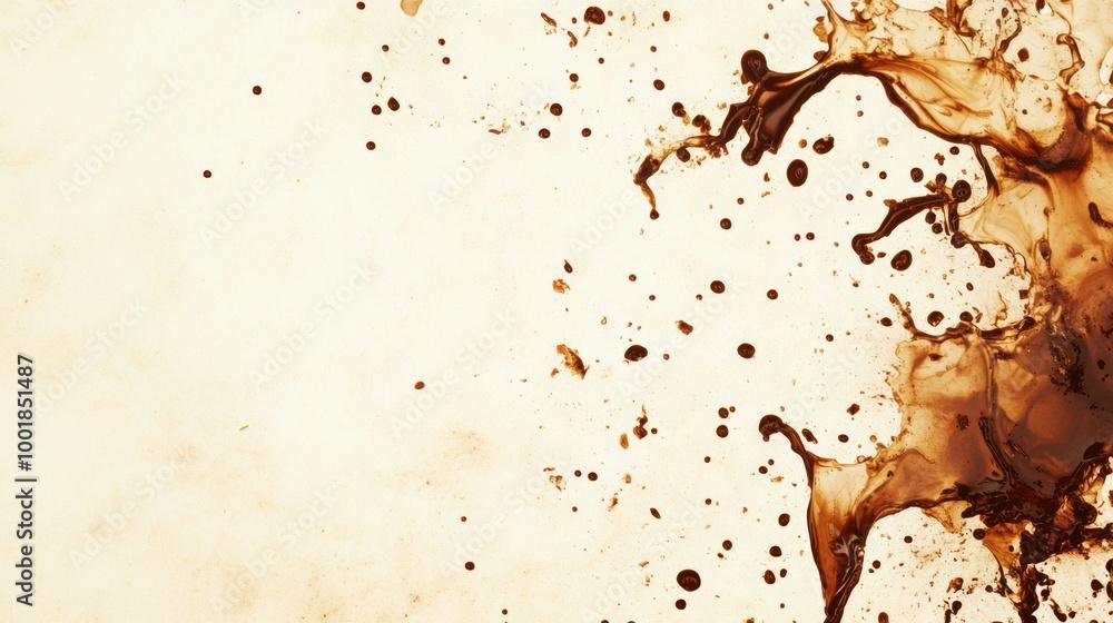Poster an abstract artistic background featuring dynamic coffee stains and splashes on a textured surface e