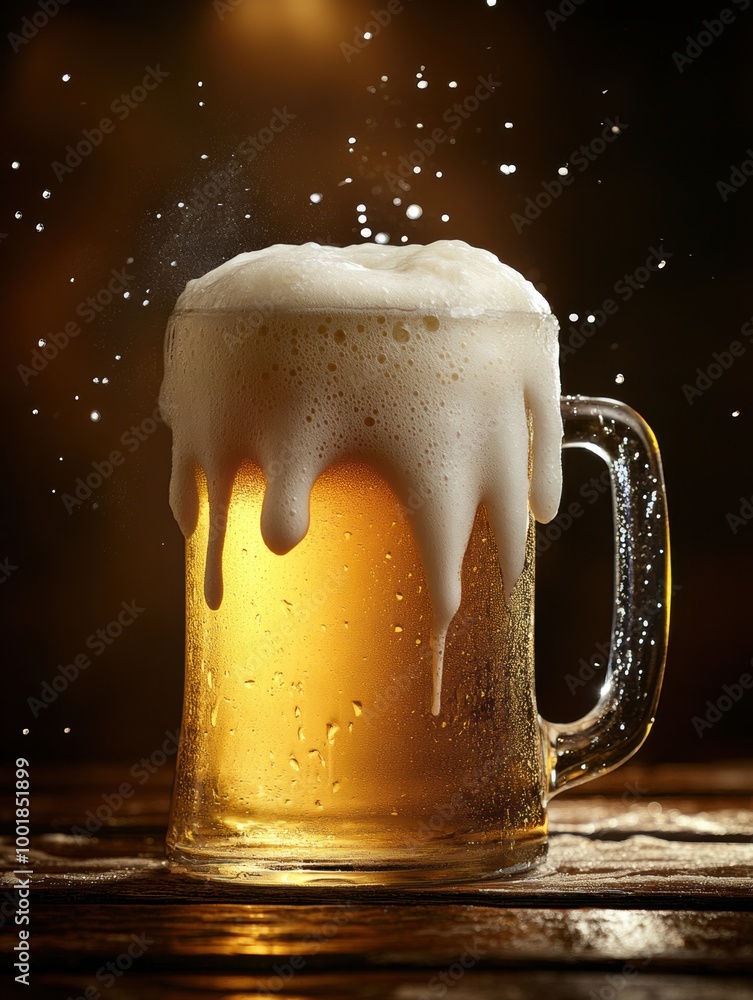 Poster a close-up of a frothy beer mug overflowing with foam on a rustic wooden table, perfect for a cozy g