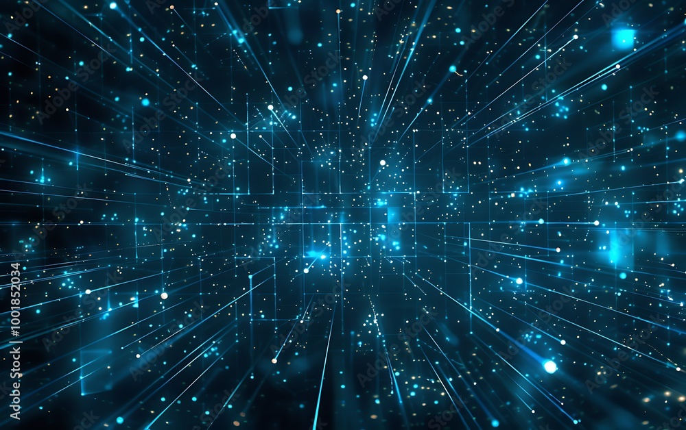 Poster Cybernetic Abstract Network of Blue Lines and Glowing Nodes