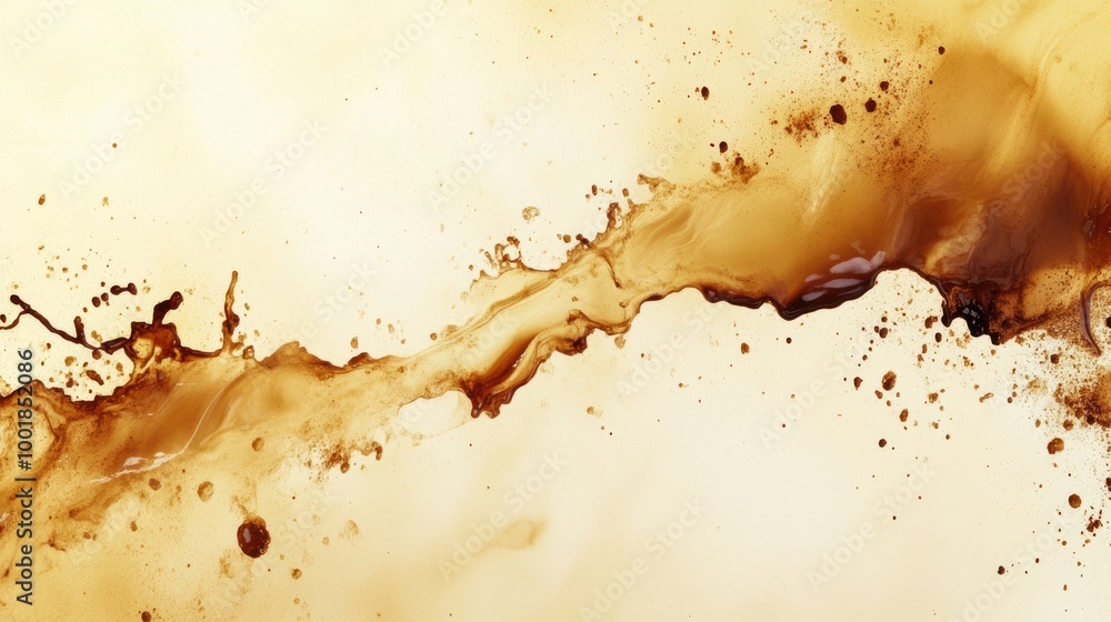 Poster abstract artistic background featuring spilled coffee stains and splashes on a light surface during 