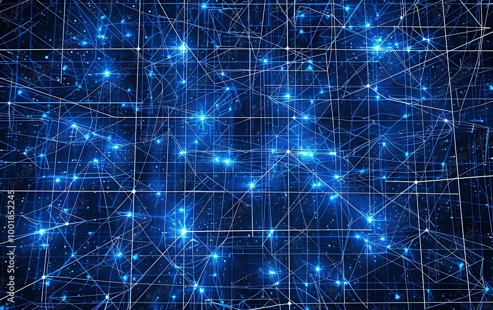 Poster cybernetic abstract network of blue lines and glowing nodes