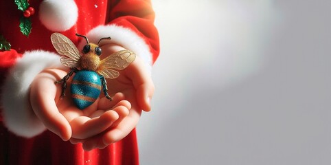 a person holding a blue and white ball with a bee in the hand
