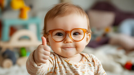 Cute warm funny adorable baby playful smile thumbs up, smart glasses, cozy, home room confident humorous thumbs-up lighthearted joyful kid boy children child success good job great idea cheerful