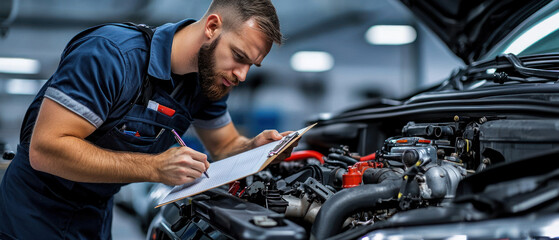 mechanic inspecting car engine while taking notes, focused and diligent.
