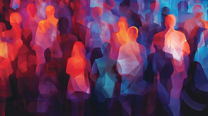 abstract digital illustration large group people standing together crowded vibrant colors colorful red blue orange purple dynamic background social gathering united stress collaboration