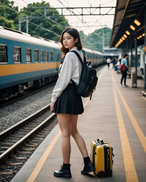 Mujer joven asi&aacute;tica con una mochila minifalda botas y con una maleta en el and&eacute;n en una estaci&oacute;n de tren