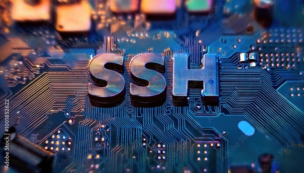 Poster secure shell protocol on circuit board,high-tech cybersecurity visual